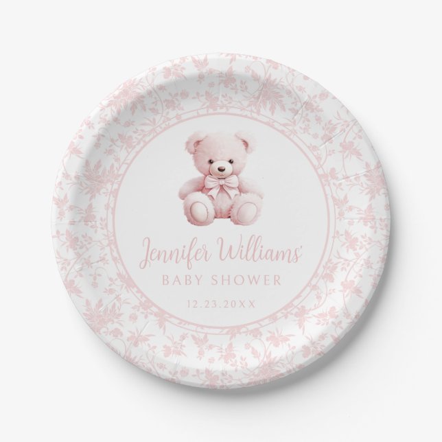 Pastel pink cute teddy bear baby girl shower paper plates (Front)