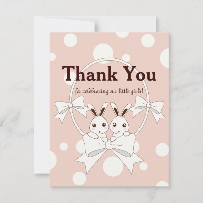 Pastel Pink Cute Twin Bunnies Thank You Card