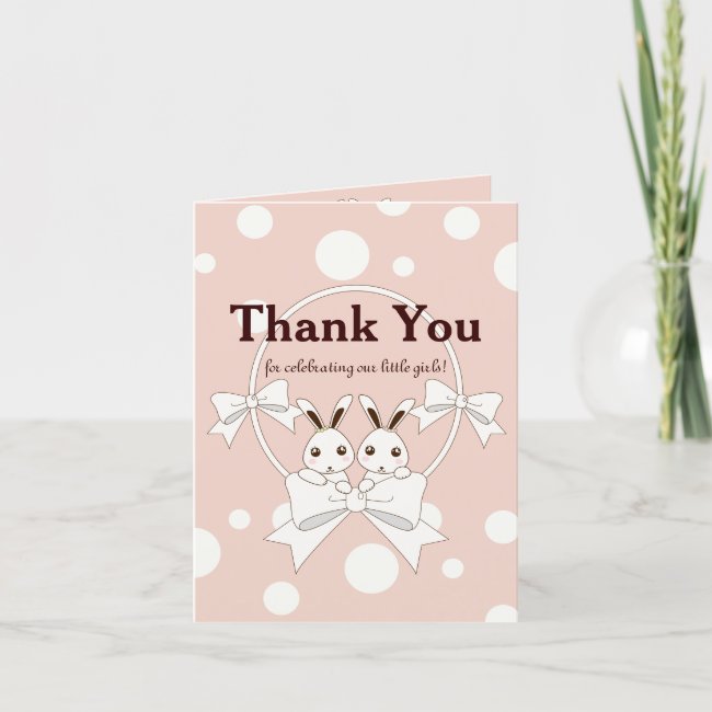 Pastel Pink Cute Twin Bunny Thank You Card