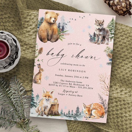 Pastel Pink  Cute Winter Forest Girl Baby Shower Invitation