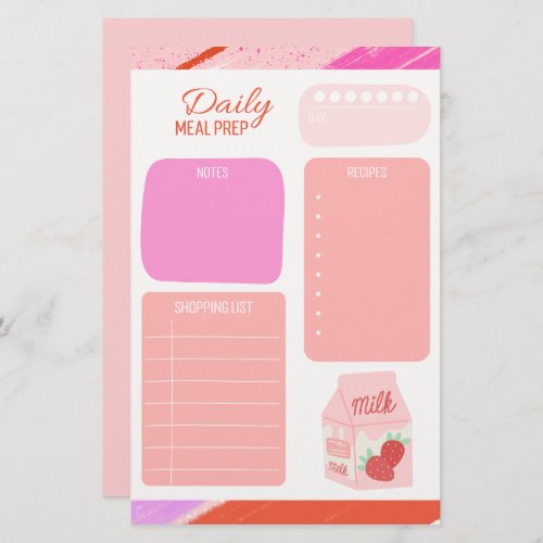Pastel Pink Daily Meal Planner Shopping List Stationery