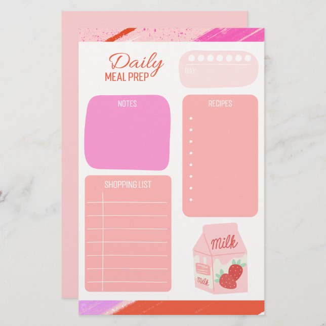 Pastel Pink Daily Meal Planner Shopping List Stationery (Front/Back)