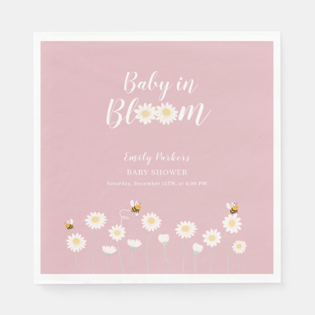 Pastel Pink Daisy Floral Baby In Bloom Shower Napkins (Front)