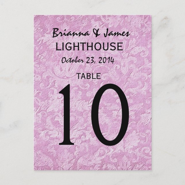 Pastel Pink Damask Wedding Table Number Card (Front)