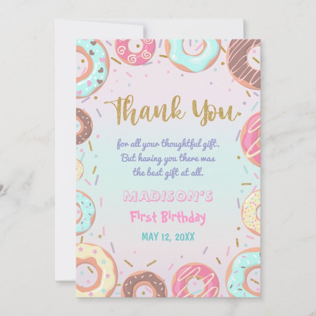 Pastel Pink Donut Birthday Donut Grow Up Party Thank You Card (Front)