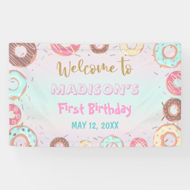 Pastel Pink Donut Birthday Grow Up Party Backdrop Banner (Horizontal)