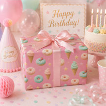 Pastel Pink Donut & Ice Cream Birthday Wrapp