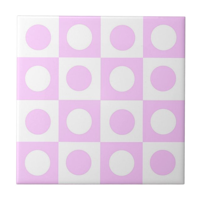 Pastel Pink Dots and Squares Pattern Ceramic Tile (Front)
