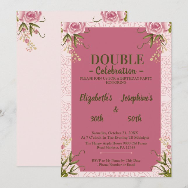 Pastel Pink Double Joint Twin Birthday  Invitation (Front/Back)