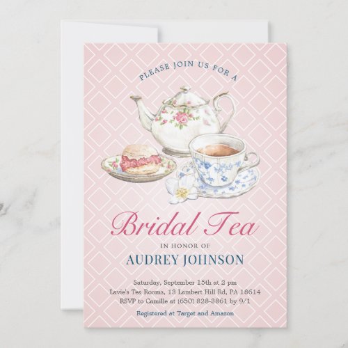 Pastel Pink Elegant Classy Bridal Shower High Tea Invitation