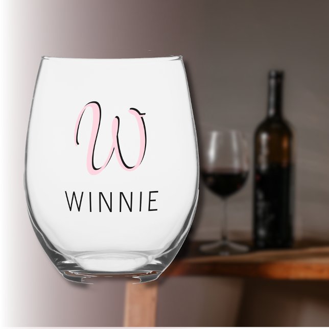 Pastel Pink Elegant Initial Black Name | Modern  Stemless Wine Glass (Creator Uploaded)