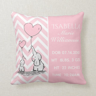 Pastel Pink Elephant Personalized Baby Girl Birth Throw Pillow