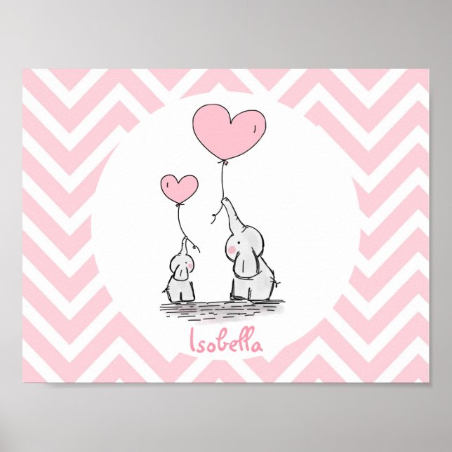 Pastel Pink Elephant Personalized Baby Girl Poster (Front)