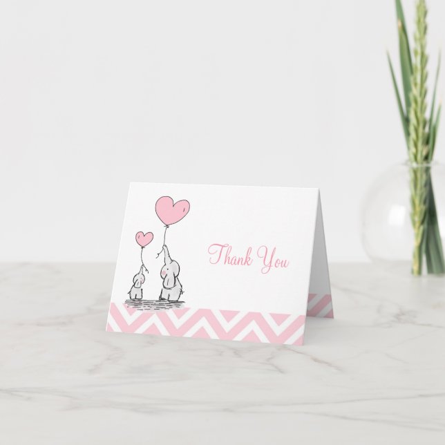 Pastel Pink Elephant Personalized Baby Girl Thank You Card (Front)