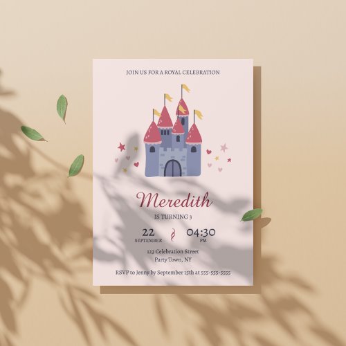 Pastel Pink Enchanted Castle Hearts  Stars Party  Invitation