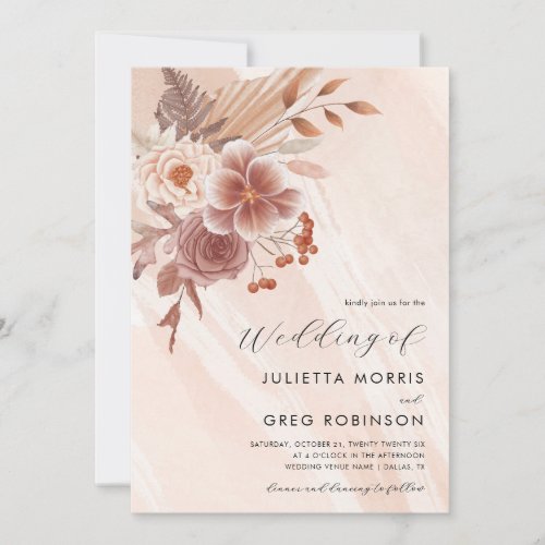 Pastel Pink Fall Floral QR Code Autumn Wedding Invitation