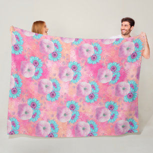 PASTEL PINK FALL PUMPKINS & AQUA SUNFLOWERS FLEECE BLANKET