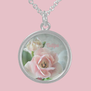 Pastel Pink Fancy Tulips Delicate Floral Silver Plated Necklace