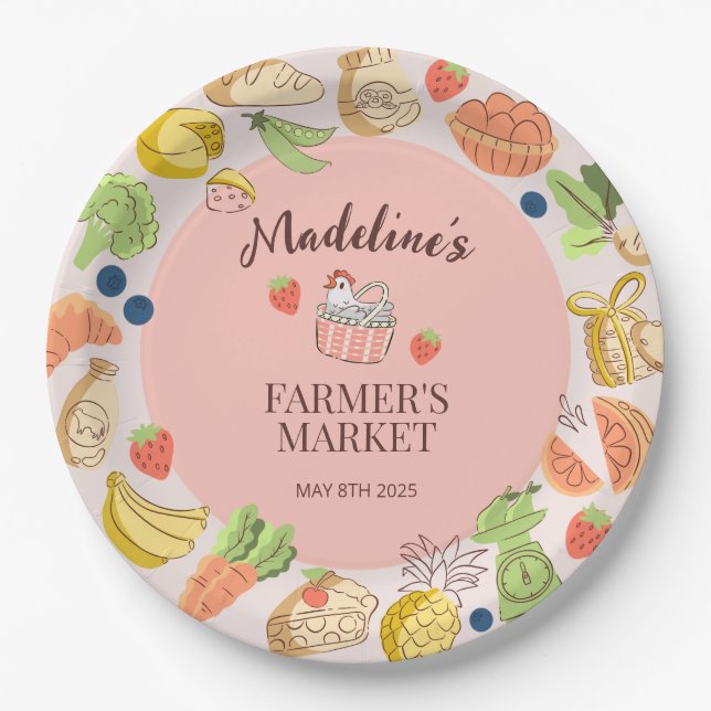 Pastel Pink Farmer's Market Fruit & Vegetables Paper Plates (Front)