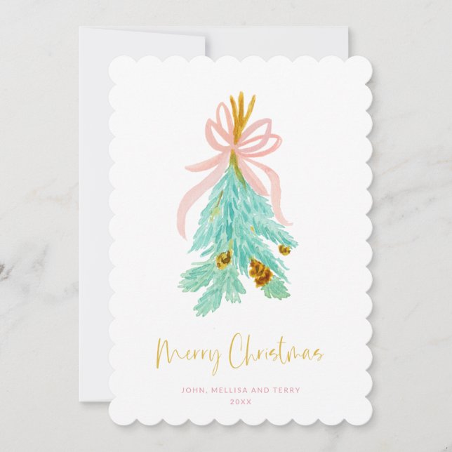 Pastel Pink Farmhouse Check Christmas Mistletoe Holiday Card (Front)