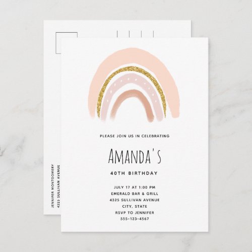 Pastel Pink  Faux Glitter Boho Rainbow Birthday Invitation Postcard