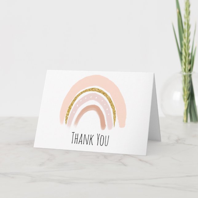 Pastel Pink & Faux Glitter Boho Rainbow Birthday Thank You Card (Front)
