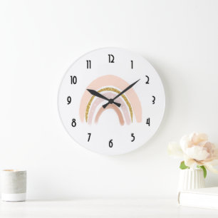 Pastel Pink & Faux Glitter Boho Rainbow Large Clock