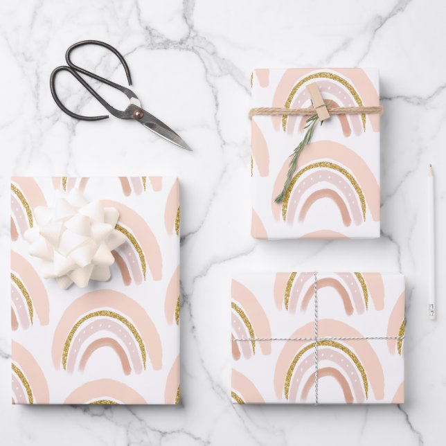 Pastel Pink & Faux Glitter Boho Rainbow Pattern Wrapping Paper Sheets (Front)