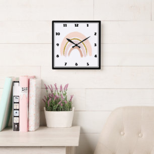 Pastel Pink & Faux Glitter Boho Rainbow Square Wall Clock