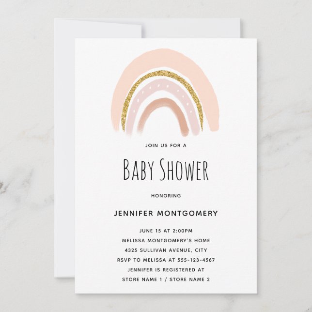 Pastel Pink & Faux Glitter Rainbow Baby Shower Invitation (Front)