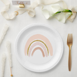 Pastel Pink & Faux Glitter Rainbow Boho Paper Plates