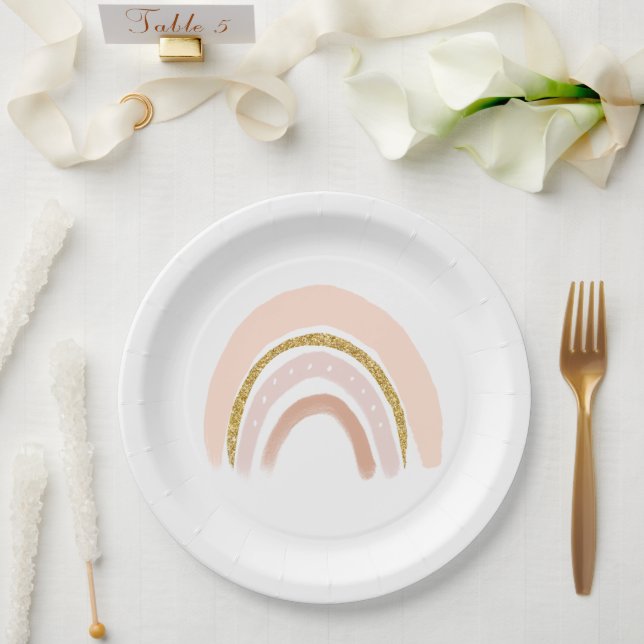 Pastel Pink & Faux Glitter Rainbow Boho  Paper Plates (Wedding)