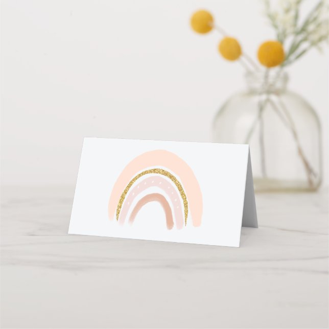 Pastel Pink & Faux Glitter Rainbow Boho Place Card (Front)