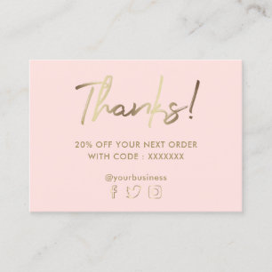 pastel pink faux gold thank you business card