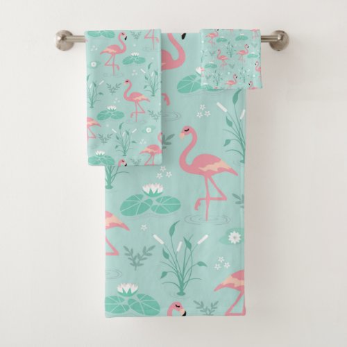 Pastel Pink Flamingos Green Pattern Bath Towel Set