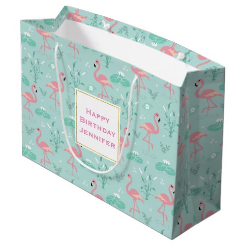 Pastel Pink Flamingos Green Pattern Birthday Large Gift Bag