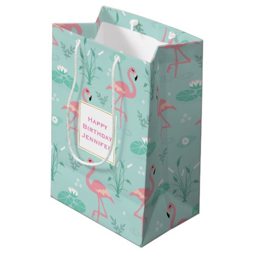 Pastel Pink Flamingos Green Pattern Birthday Medium Gift Bag