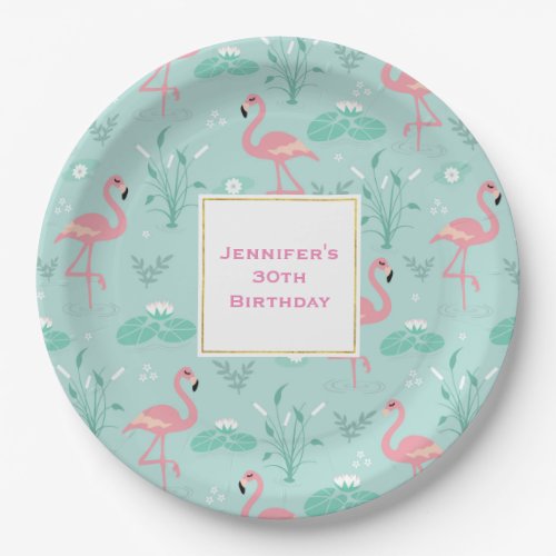 Pastel Pink Flamingos Green Pattern Birthday Paper Plates