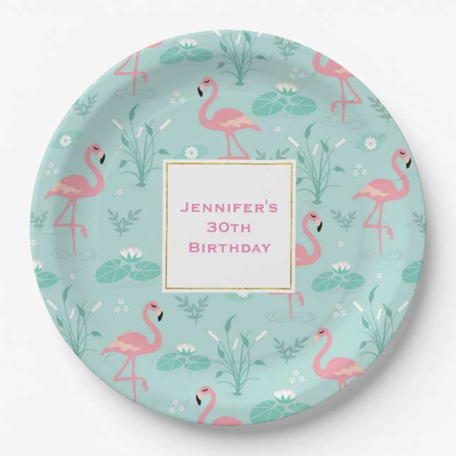 Pastel Pink Flamingos Green Pattern Birthday Paper Plates (Front)