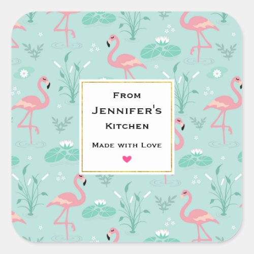 Pastel Pink Flamingos Green Pattern Kitchen Square Sticker