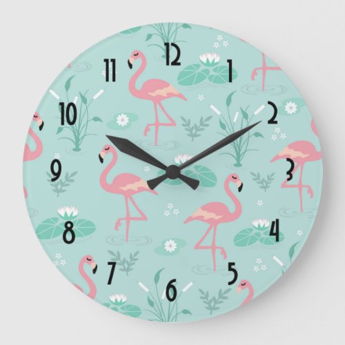 Pastel Pink Flamingos Green Pattern Large Clock