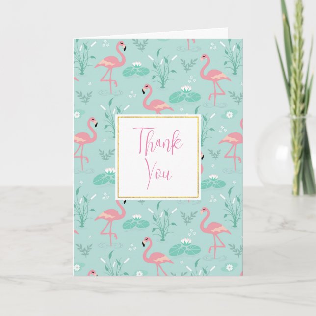 Pastel Pink Flamingos Green Pattern Letterpress Thank You Card (Front)