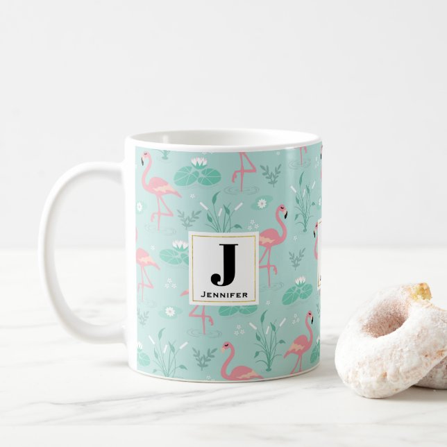 Pastel Pink Flamingos Green Pattern Monogram Coffee Mug (With Donut)