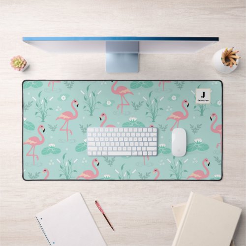 Pastel Pink Flamingos Green Pattern Monogram Desk Mat