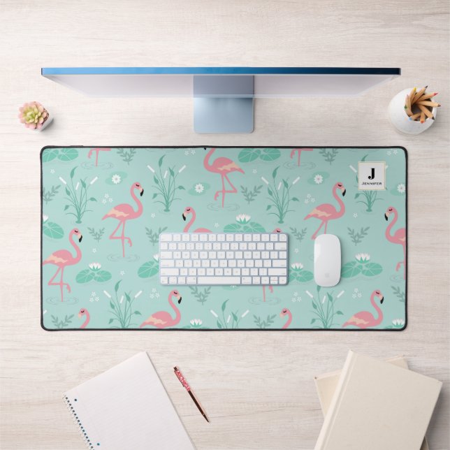 Pastel Pink Flamingos Green Pattern Monogram Desk Mat (Office 1)