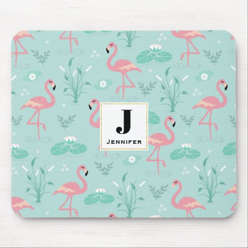 Pastel Pink Flamingos Green Pattern Monogram Mouse Pad