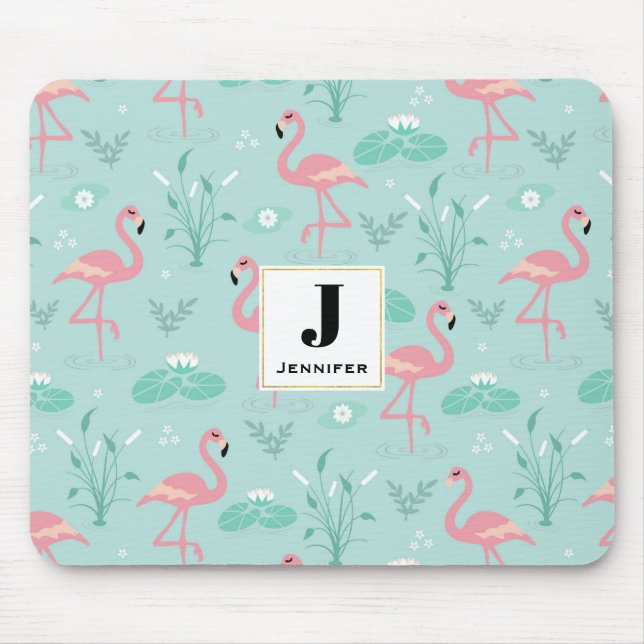 Pastel Pink Flamingos Green Pattern Monogram Mouse Pad (Front)