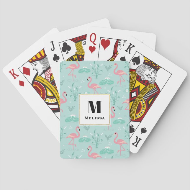 Pastel Pink Flamingos Green Pattern Monogram Poker Cards (Back)