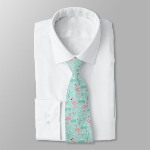 Pastel Pink Flamingos Green Pattern Neck Tie