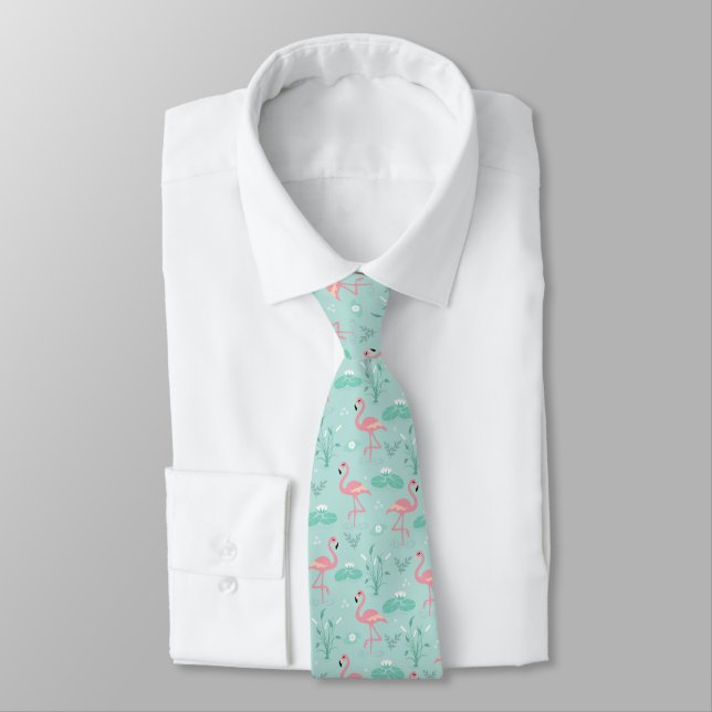 Pastel Pink Flamingos Green Pattern Neck Tie (Tied)